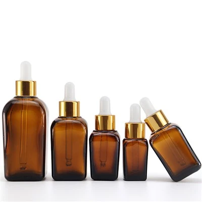بطری قطره چکان اسانس Amber Squaure 100ml 55ml35ml 25ml10ml درپوش طلایی نقره ای
